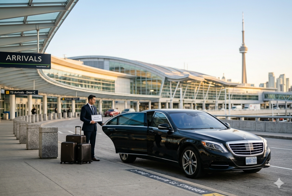 Simple airport limousine in Toronto providing luxury airport transfer service with professional chauffeur assisting passengers at terminal for pickup and drop-off.