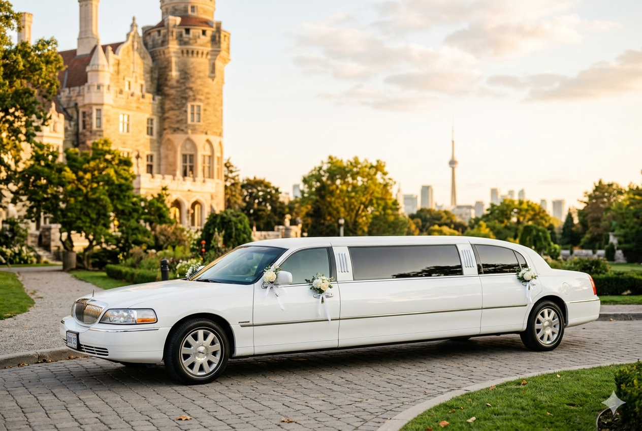 Simple wedding limousine in Toronto decorated for bridal transport with luxury car arriving at wedding venue with professional chauffeur service