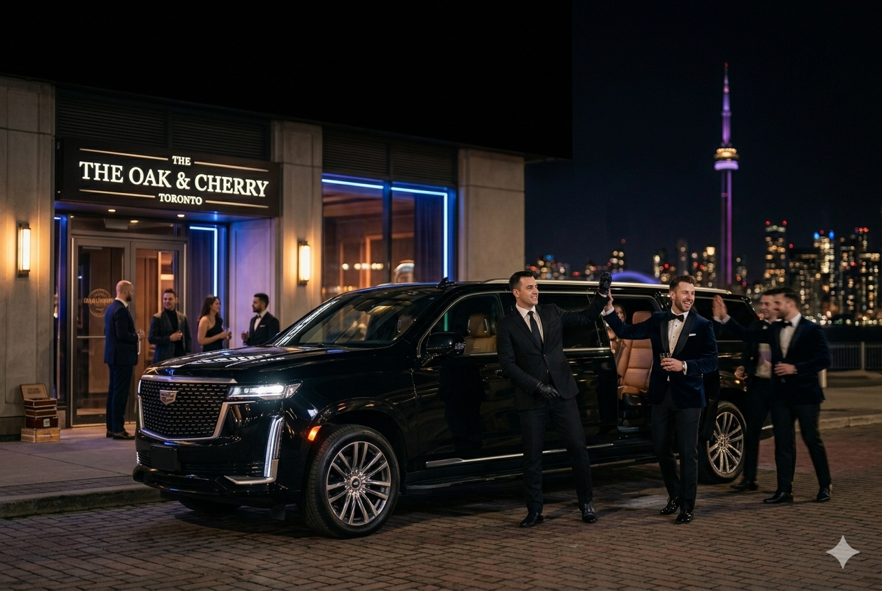 Simple luxury limousine in Toronto transporting a bachelor party group for a night out celebration with friends heading to entertainment venues