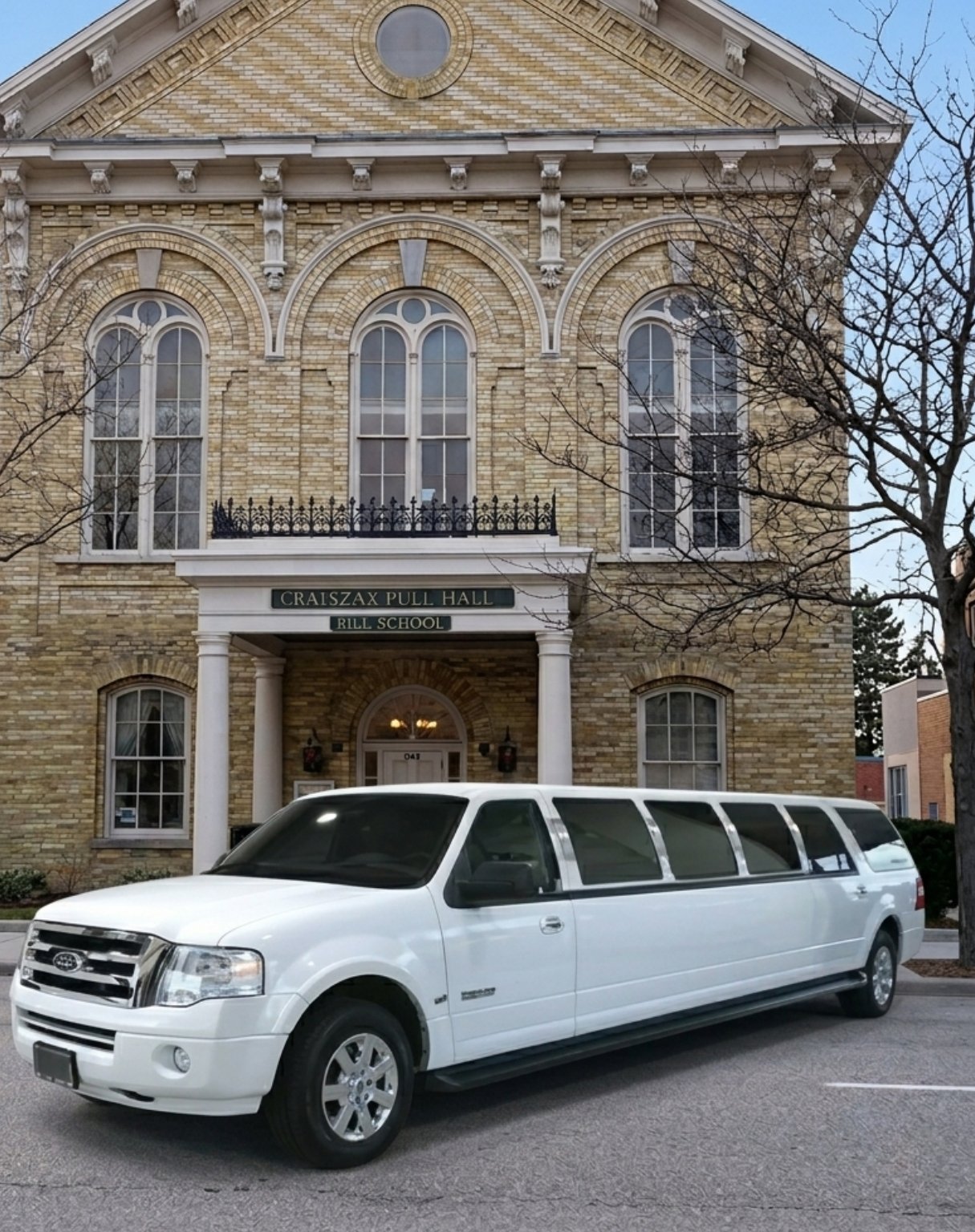 White stretch limousine parked in front of a historic brick school building with arched windows