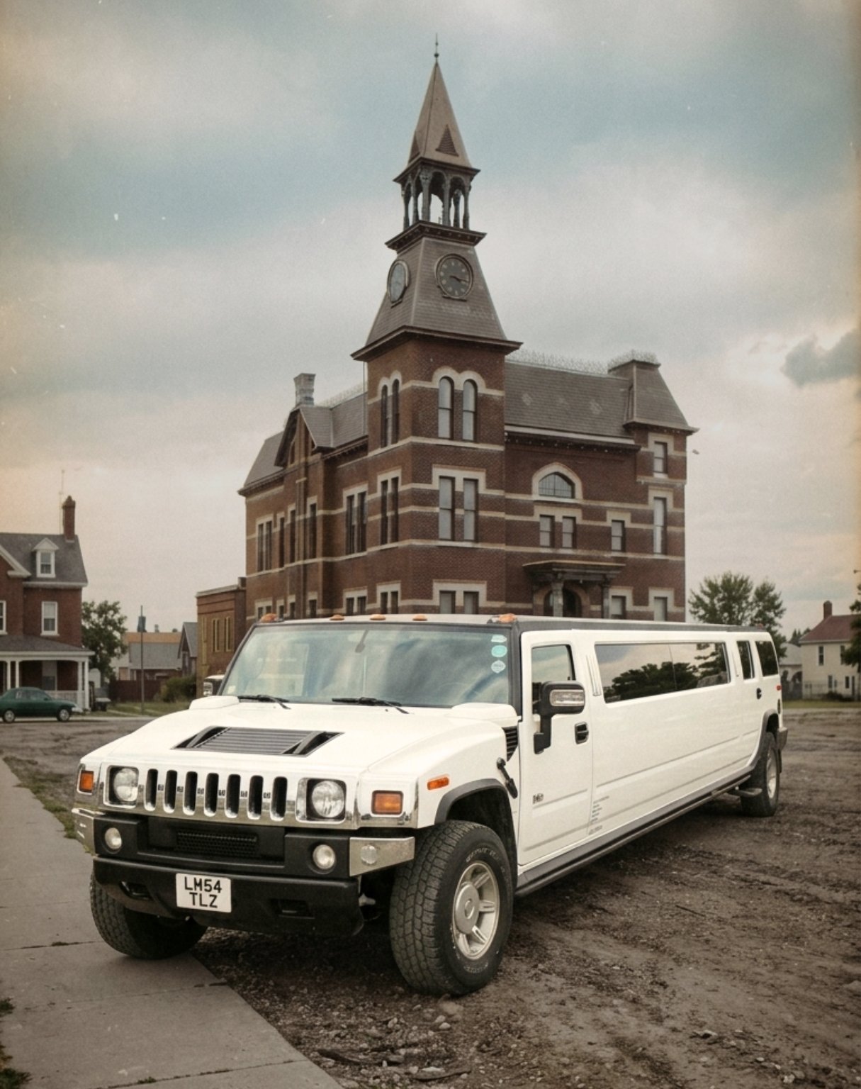 White Hummer stretch limousine parked in front of a historic brick building with a clock tower