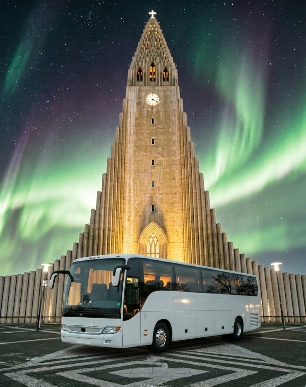 White coach bus parked in front of Hallgrímskirkja church in Reykjavik with northern lights in the night sky