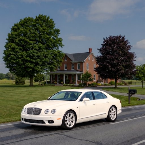 White luxury sedan parked on a road near a house and green landscape, ideal for chauffeur service
